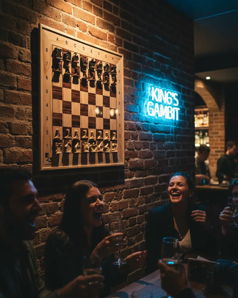 Magnetic wall chess board in a stylish pub interior – social design and interactive wall art