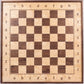Front view of the ChessboArt 800 wooden wall chessboard, primarily made of light ash wood with dark walnut squares, showing the playing surface and alphanumeric notation.