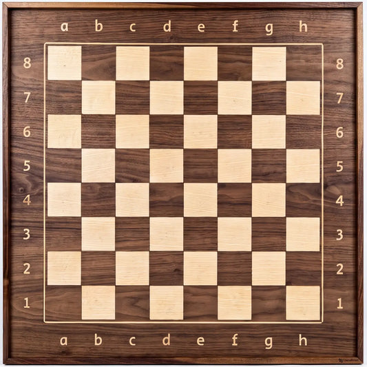 Front view of the ChessboArt 800 wooden wall chessboard in American walnut and ash, showing the playing surface and alphanumeric notation