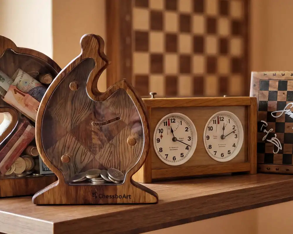 A premium chess collector's shelf featuring a signed wooden board, a handcrafted knight and bishop-shaped piggy bank, a vintage clock, and chess books