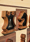 Close-up of rook and knight chess pieces with pearl black magnetic epoxy resin inlays