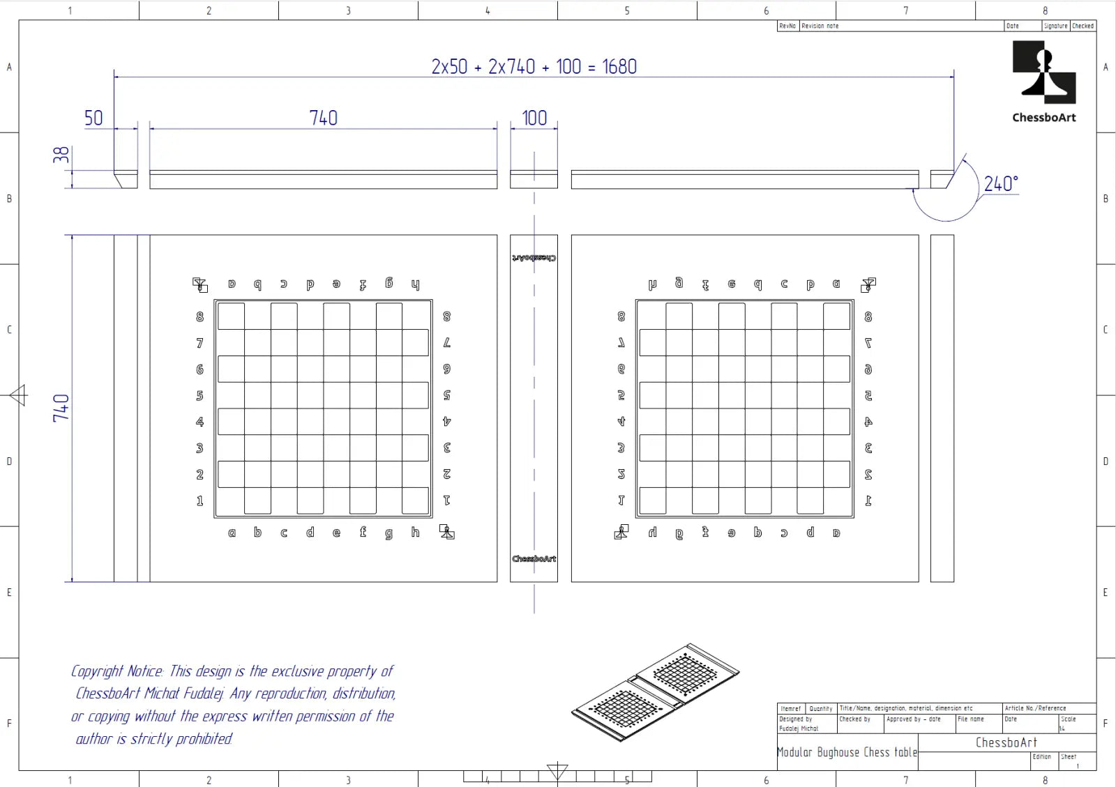 Technical drawing of the modular Bughouse tabletop with five pieces and dimensions