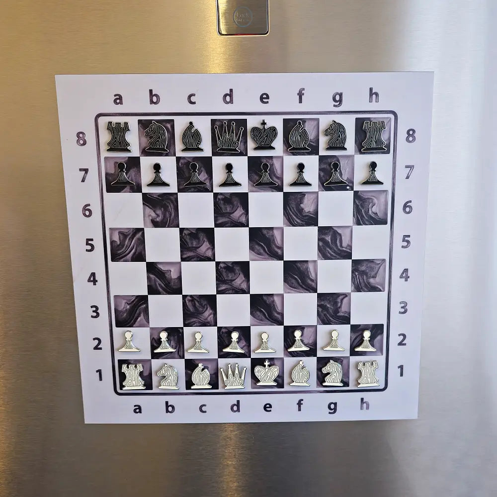 Magnetic fridge chess set on a stainless steel refrigerator, Epoxy Ivory marbled board design