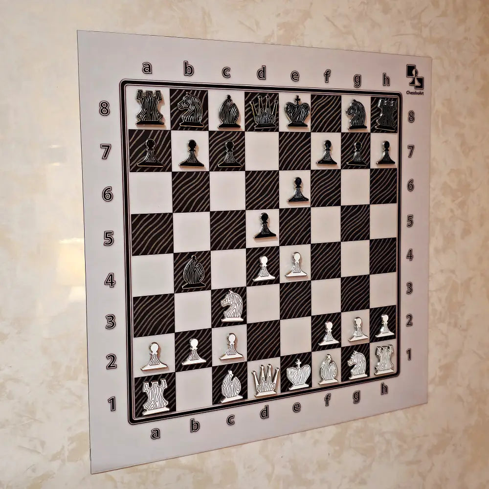 Wide view of a hanging magnetic chess set with Ivory Grain board mounted on a wall
