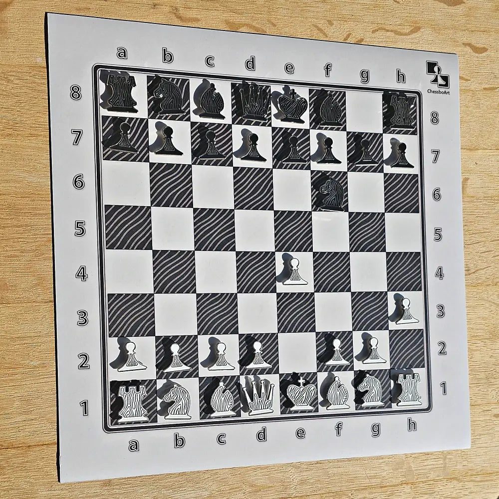 ChessboPIN magnetic chess set with Ivory Grain wood-grain board, full set in a mid-game position