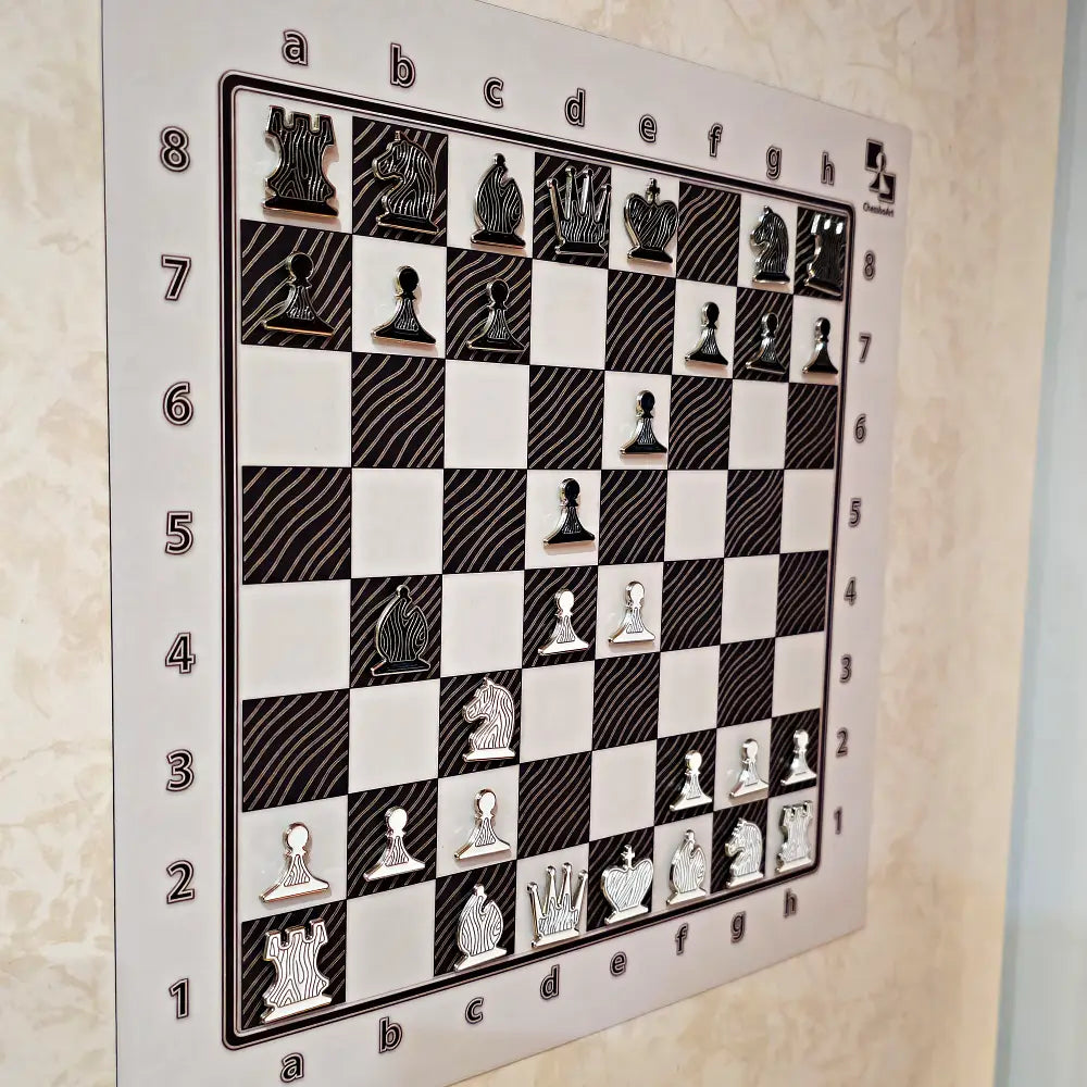 Vertical magnetic chess set with Ivory Grain board mounted on a wall, angled view of a mid-game position