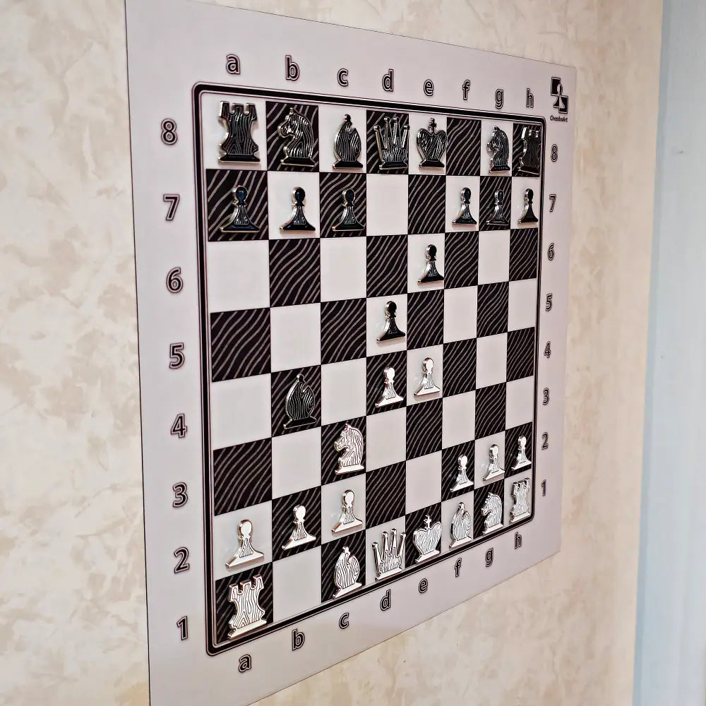 Magnetic wall chess set with Ivory Grain board mounted on a wall, mid-game position