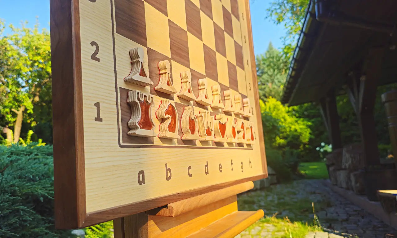 Bottom row of chess pieces fitted with copper-toned magnetic epoxy resin inlays near a garden pavilion</br>