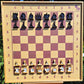 Front view of the complete ChessboINK wall-mounted chessboard made of pink and natural ash wood, featuring a full set of flat wooden chess pieces with black and white pearl epoxy resin fillings set up in their starting positions.