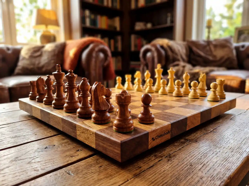 Handcrafted solid wood chess set by ChessboArt manufacture with a visible brand engraving on the edge, displayed in a warm, stylish wooden house interior with leather armchairs and a library