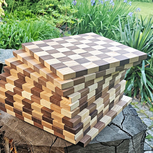 Stack of handmade solid wood chess boards in American walnut and European ash — 360 × 360 mm, natural oil finish, made in Poland by ChessboArt