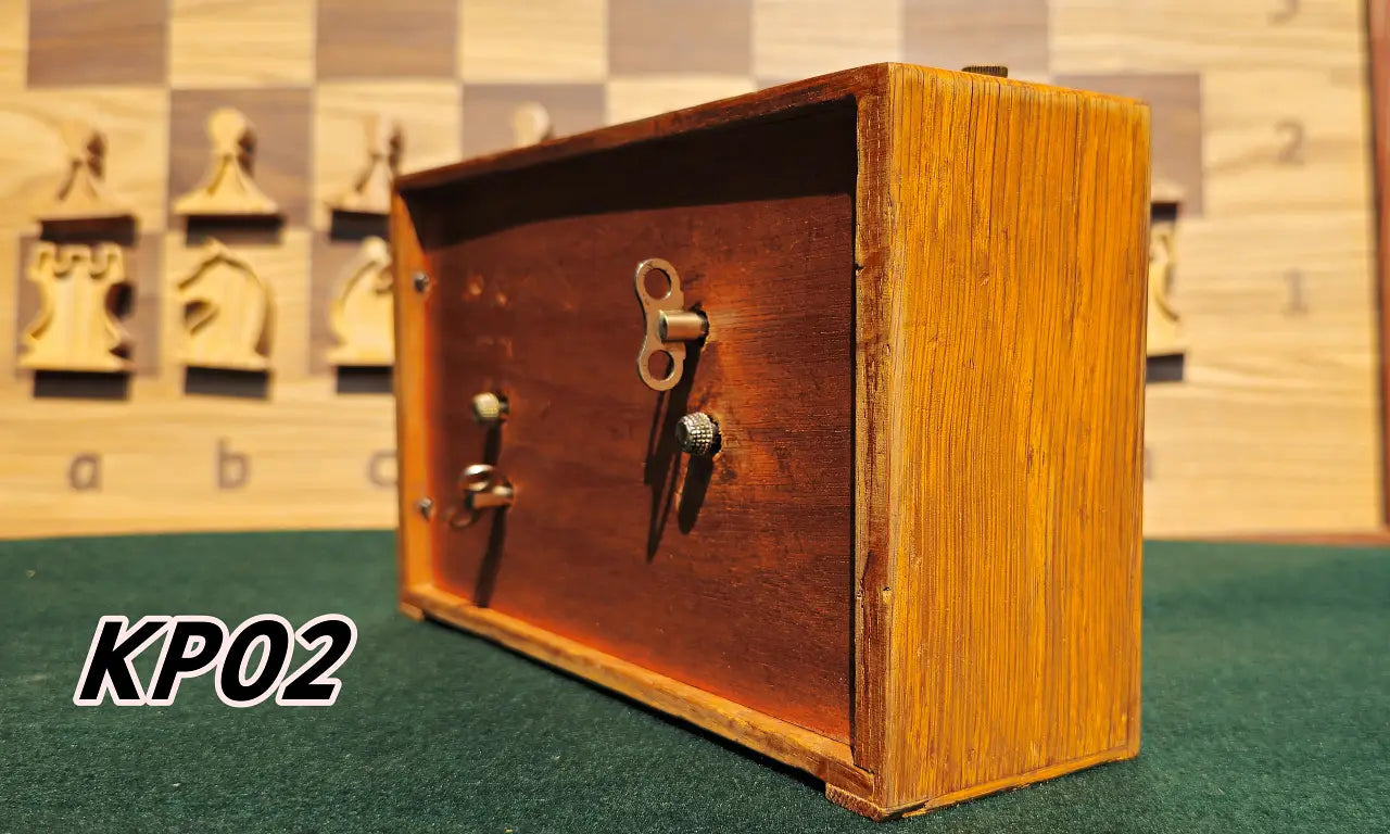 Isometric view showing the side and back panel of a vintage wooden chess clock, model KP02. The image highlights the natural wood grain on the side casing and the original metal mechanical winding keys and adjustment knobs on the darker back panel.
